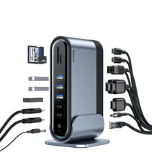 Заредете изображение във визуализатора на галерията – Baseus multifunctional HUB 3x USB 3.2 Gen 1 / 2x USB Type C / SD and micro SD card reader / AUX / 2x DisplayPort / 2x HDMI / RJ45 1Gbps Power Delivery 100W (EU / CN / UK plug set) gray (CAHUB-DG0G) - TopMag
