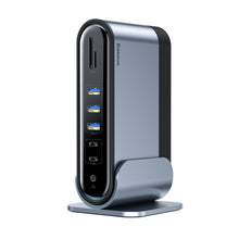 Заредете изображение във визуализатора на галерията – Baseus multifunctional HUB 3x USB 3.2 Gen 1 / 2x USB Type C / SD and micro SD card reader / AUX / 2x DisplayPort / 2x HDMI / RJ45 1Gbps Power Delivery 100W (EU / CN / UK plug set) gray (CAHUB-DG0G) - TopMag

