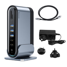 Заредете изображение във визуализатора на галерията – Baseus multifunctional HUB 3x USB 3.2 Gen 1 / 2x USB Type C / SD and micro SD card reader / AUX / 2x DisplayPort / 2x HDMI / RJ45 1Gbps Power Delivery 100W (EU / CN / UK plug set) gray (CAHUB-DG0G) - TopMag
