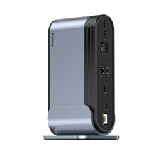 Заредете изображение във визуализатора на галерията – Baseus multifunctional HUB 3x USB 3.2 Gen 1 / 2x USB Type C / SD and micro SD card reader / AUX / 2x DisplayPort / 2x HDMI / RJ45 1Gbps Power Delivery 100W (EU / CN / UK plug set) gray (CAHUB-DG0G) - TopMag
