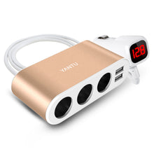 Заредете изображение във визуализатора на галерията – Car Cigarette Lighter Socket Splitter B08 - 3 sockets + 2xUSB - 3,1A 120W with display and cable gold
