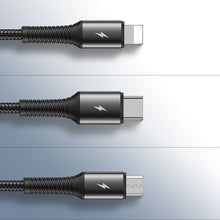 Заредете изображение във визуализатора на галерията – Joyroom 3in1 short cable USB cable - Lightning / USB Type C / micro USB 3.5A 15cm black (S-01530G9 LCM black) - TopMag
