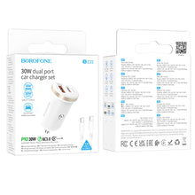 Заредете изображение във визуализатора на галерията – Borofone Car charger BZ22 Scenery - USB + Type C - QC 3.0 PD 30W with Type C to Type C cable white
