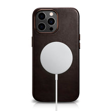 Заредете изображение във визуализатора на галерията – iCarer Leather Oil Wax case covered with natural leather for iPhone 13 Pro Coffee (MagSafe compatible) (WMI1303-CO) - TopMag
