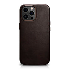 Заредете изображение във визуализатора на галерията – iCarer Leather Oil Wax case covered with natural leather for iPhone 13 Pro Coffee (MagSafe compatible) (WMI1303-CO) - TopMag

