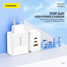 Заредете изображение във визуализатора на галерията – Foneng Wall charger GAN65 GaN - USB + 2xType C - PD 65W 3A with Type C to Type C white
