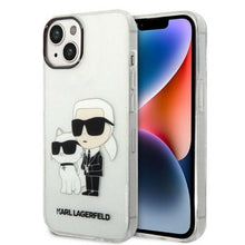 Заредете изображение във визуализатора на галерията – Original Pouch KARL LAGERFELD Gliter Karl&amp;Choupette KLHCP14SHNKCTGT for Iphone 14 transparent
