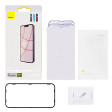 Заредете изображение във визуализатора на галерията – Baseus 2x Full screen 0,3 mm Anti Blue Light tempered glass iPhone 13 mini (SGBL020302) (case friendly) - TopMag
