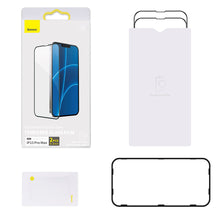 Заредете изображение във визуализатора на галерията – Baseus 0,3mm Full Screen Glass 2x tempered glass for iPhone 13 Pro Max full screen with frame black (SGQP010201) - TopMag
