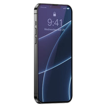 Заредете изображение във визуализатора на галерията – Baseus 2x Full screen 0,3 mm Anti Blue Light tempered glass with a frame iPhone 13 mini black (SGQP010301) (case friendly) - TopMag

