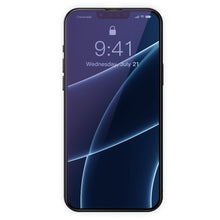 Заредете изображение във визуализатора на галерията – Baseus 2x Full screen 0,3 mm Anti Blue Light tempered glass with a frame iPhone 13 mini black (SGQP010301) (case friendly) - TopMag
