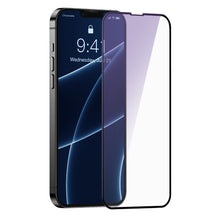 Заредете изображение във визуализатора на галерията – Baseus 2x Full screen 0,3 mm Anti Blue Light tempered glass with a frame iPhone 13 mini black (SGQP010301) (case friendly) - TopMag
