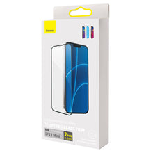 Заредете изображение във визуализатора на галерията – Baseus 2x Full screen 0,3 mm Anti Blue Light tempered glass with a frame iPhone 13 mini black (SGQP010301) (case friendly) - TopMag
