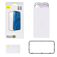 Заредете изображение във визуализатора на галерията – Baseus 2x Full screen 0,3 mm Anti Blue Light tempered glass with a frame iPhone 13 mini black (SGQP010301) (case friendly) - TopMag
