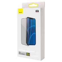 Заредете изображение във визуализатора на галерията – Baseus 2x Full screen 0,3 mm Anti Spy tempered glass with a frame iPhone 13 mini (SGQP010601) (case friendly) - TopMag
