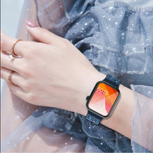 Заредете изображение във визуализатора на галерията – Kingxbar Crystal Fabric Band Strap Watch Bracelet: Ultra / 8/7/6 / SE / 5/4/3/2 (49mm / 45mm / 44mm / 42mm) silicone strap crystal blue band - TopMag
