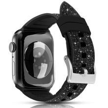 Заредете изображение във визуализатора на галерията – Kingxbar Crystal Fabric Band Strap Watch Bracelet: Ultra / 8/7/6 / SE / 5/4/3/2 (49mm / 45mm / 44mm / 42mm) Silicone Strap Crystal Band Black - TopMag
