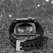 Заредете изображение във визуализатора на галерията – Kingxbar Crystal Fabric Band Strap Watch Bracelet: Ultra / 8/7/6 / SE / 5/4/3/2 (49mm / 45mm / 44mm / 42mm) Silicone Strap Crystal Band Black - TopMag
