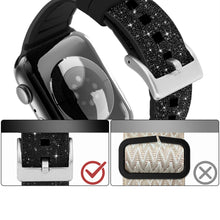 Заредете изображение във визуализатора на галерията – Kingxbar Crystal Fabric Band Strap Watch Bracelet: Ultra / 8/7/6 / SE / 5/4/3/2 (49mm / 45mm / 44mm / 42mm) Silicone Strap Crystal Band Black - TopMag

