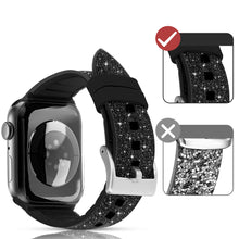 Заредете изображение във визуализатора на галерията – Kingxbar Crystal Fabric Band Strap Watch Bracelet: Ultra / 8/7/6 / SE / 5/4/3/2 (49mm / 45mm / 44mm / 42mm) Silicone Strap Crystal Band Black - TopMag

