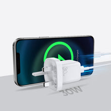 Заредете изображение във визуализатора на галерията – Joyroom wall travel charger USB Type C / USB 30W Power Delivery Quick Charge 4,5A (UK plug) white (L-QP303) - TopMag
