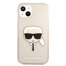 Заредете изображение във визуализатора на галерията – Karl Lagerfeld KLHCP13SKHTUGLGO iPhone 13 mini 5,4" złoty/gold hardcase Glitter Karl`s Head - TopMag
