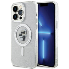 Заредете изображение във визуализатора на галерията – Karl Lagerfeld Karl&amp;Choupette Glitter MagSafe case for iPhone 15 Pro Max - transparent
