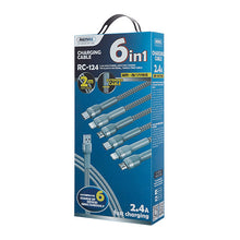Заредете изображение във визуализатора на галерията – Remax Jany Series multi-functional 6in1 USB cable - micro USB + USB Type C + Lightning / micro USB + USB Type C + Lightning 2m silver (RC-124) - TopMag
