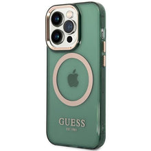 Заредете изображение във визуализатора на галерията – Guess GUHMP14XHTCMA iPhone 14 Pro Max 6.7" green/khaki hard case Gold Outline Translucent MagSafe
