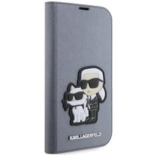 Заредете изображение във визуализатора на галерията – Karl Lagerfeld KLBKP14LSANKCPG iPhone 14 Pro 6.1" bookcase silver/silver Saffiano Karl &amp; Choupette
