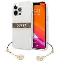 Заредете изображение във визуализатора на галерията – Guess GUHCP13LKB4GBR iPhone 13 Pro / 13 6,1" Transparent hardcase 4G Brown Strap Charm - TopMag
