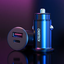 Заредете изображение във визуализатора на галерията – Choetech dual-port fast car charger PD USB Type C + QC3.0 USB-A 30W 5A black (TC0006) - TopMag
