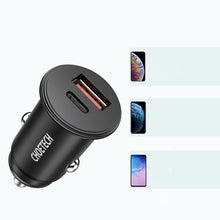 Заредете изображение във визуализатора на галерията – Choetech dual-port fast car charger PD USB Type C + QC3.0 USB-A 30W 5A black (TC0006) - TopMag

