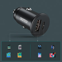 Заредете изображение във визуализатора на галерията – Choetech dual-port fast car charger PD USB Type C + QC3.0 USB-A 30W 5A black (TC0006) - TopMag

