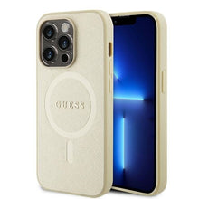 Заредете изображение във визуализатора на галерията – Original Case GUESS hardcase Saffiano MagSafe GUHMP15LPSAHMCB for Iphone 15 Pro gold
