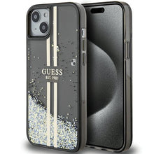 Заредете изображение във визуализатора на галерията – Original faceplate case GUESS GUHCP15MLFCSEGK for iPhone 15 Plus (Liquid Glitter Gold Stripes / black)
