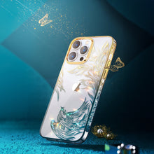 Заредете изображение във визуализатора на галерията – Luxury iPhone 14 Case with Kingxbar Phoenix Crystals - Gold and Blue
