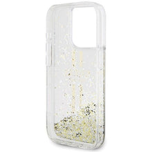 Заредете изображение във визуализатора на галерията – Original faceplate case GUESS GUHCP15LLFCSEGT for iPhone 15 Pro (Liquid Glitter Gold Stripes / transparent)
