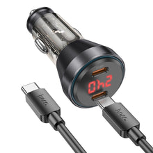 Заредете изображение във визуализатора на галерията – HOCO car charger 2 x Type C 30W with digital display + cable Type C to Type C PD60W NZ12C transparent black
