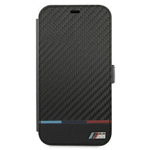 Заредете изображение във визуализатора на галерията – Etui BMW BMBKP13SPUCARTCBK iPhone 13 mini 5,4" czarny/black bookcase M Collection PU Carbon Stripe
