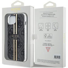 Заредете изображение във визуализатора на галерията – Original faceplate case GUESS GUHCP15MH4PSEGK for iPhone 15 Plus (4G Gold  Stripe / black)

