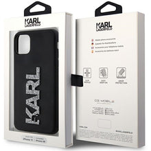 Заредете изображение във визуализатора на галерията – Original Pouch KARL LAGERFELD hardcase 3D Rubber Glitter Logo KLHCN613DMBKCK for Iphone 11/ Xr Black
