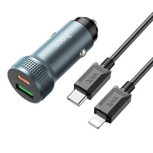 Заредете изображение във визуализатора на галерията – HOCO car charger USB QC 18W + Type C 20W + cable Type C to Iphone PD38W Z49B Level metal gray

