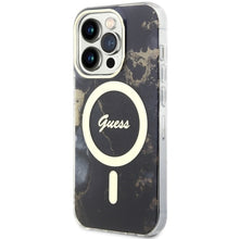 Заредете изображение във визуализатора на галерията – Original Case GUESS hardcase Golden Marble MagSafe GUHMP14LHTMRSK for Iphone 14 Pro black
