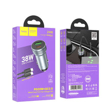 Заредете изображение във визуализатора на галерията – HOCO car charger USB QC 18W + Type C 20W + cable Type C to Type C PD38W Z49B Level metal gray
