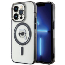Заредете изображение във визуализатора на галерията – Original Pouch KARL LAGERFELD hardcase IML Karl`s Head Magsafe KLHMP15XHKHNOTK for Iphone 15 Pro Max Transparent
