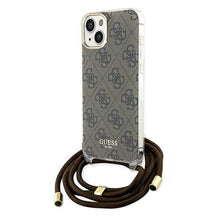 Заредете изображение във визуализатора на галерията – Original faceplate case GUESS GUHCP15SHC4SEW for iPhone 15 (Crossbody Cord 4G Print / brown)
