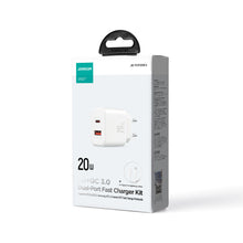 Заредете изображение във визуализатора на галерията – Joyroom JR-TCF05 20W USB-C / USB-A Fast Dual Port Wall Charger - White + USB-C - Lightning 1m
