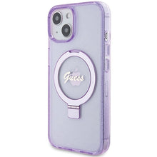 Заредете изображение във визуализатора на галерията – Original faceplate case GUESS GUHMP15MHRSGSU for iPhone 15 Plus (Magsafe / Glitter Script Logo / Ring stand / purple)
