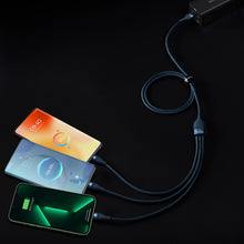 Заредете изображение във визуализатора на галерията – Baseus Flash Series Ⅱ 3in1 cable with fast charging USB-A to USB-C / Micro-USB / Lightning 66W 480Mb/s 1.2m blue
